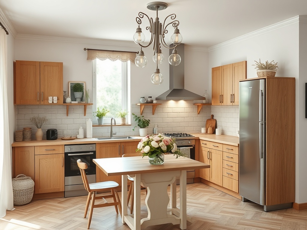 Современная кухня с деревянными шкафами, столом и цветами в вазе. Светлое пространство и уютная атмосфера.