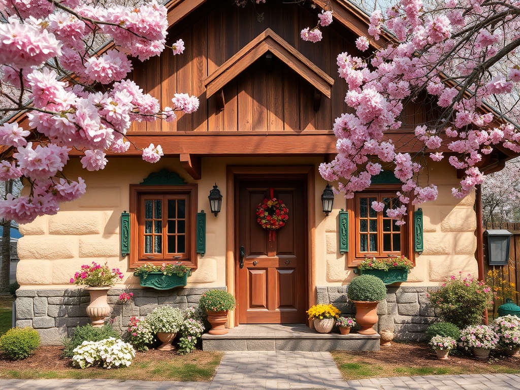 Очаровательный дом с деревянным фасадом, окружённый цветущими деревьями и яркими цветами.