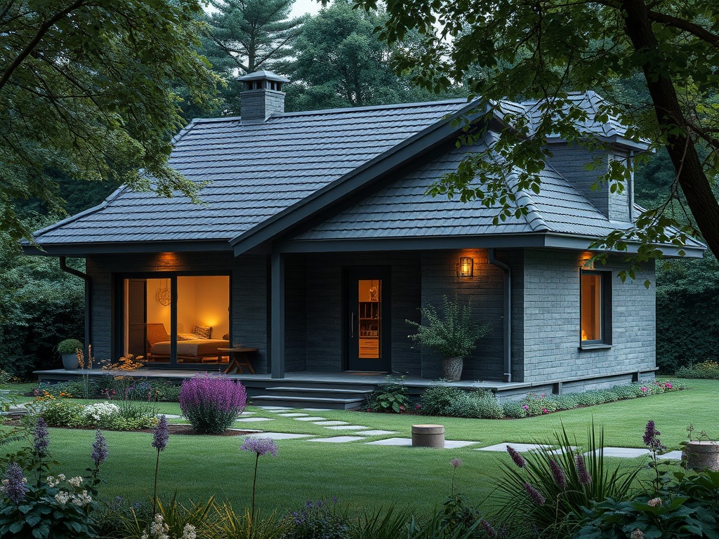 Современный дом с двускатной крышей, окружённый зелёным садом и цветами, освещён тёплым светом.