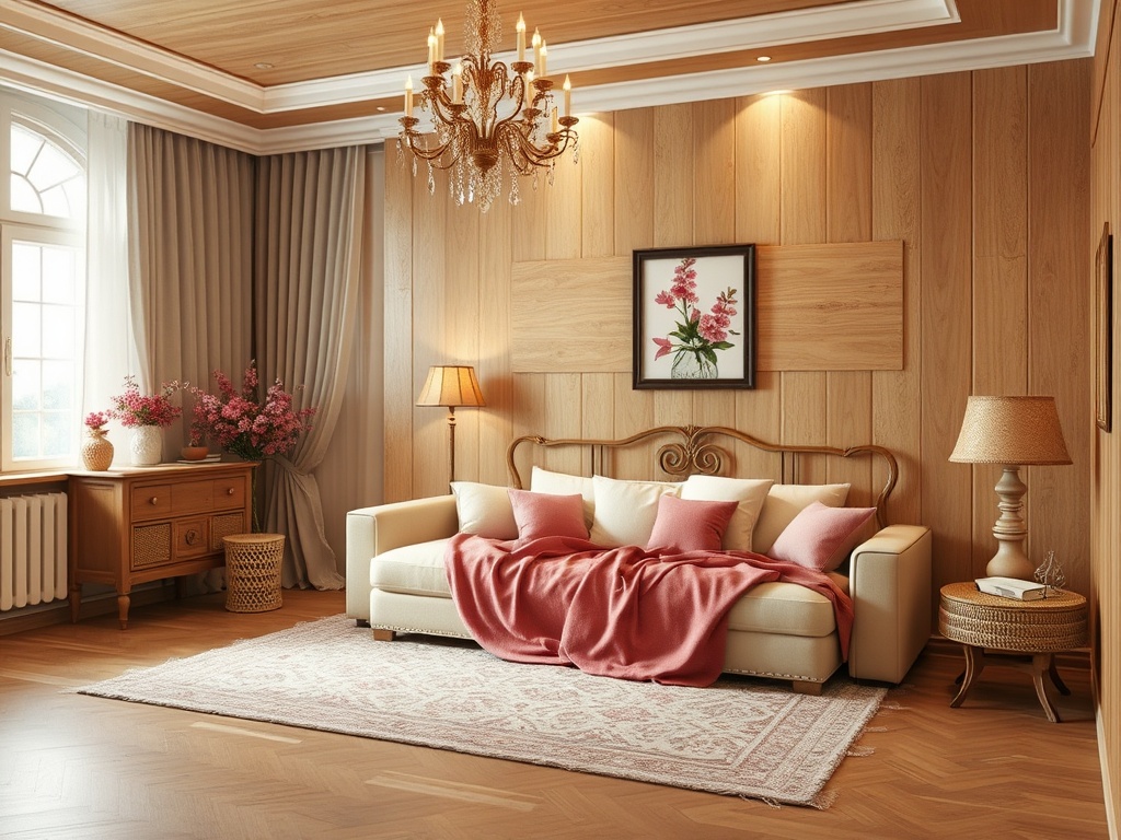 Современный уютный зал с диваном, текстилем, лампами и картиной, оформленный в теплых тонах.