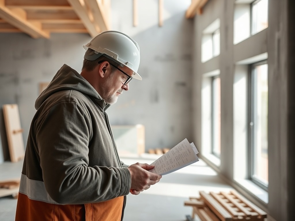 Рабочий в каске изучает проектную документацию в незавершённом помещении.