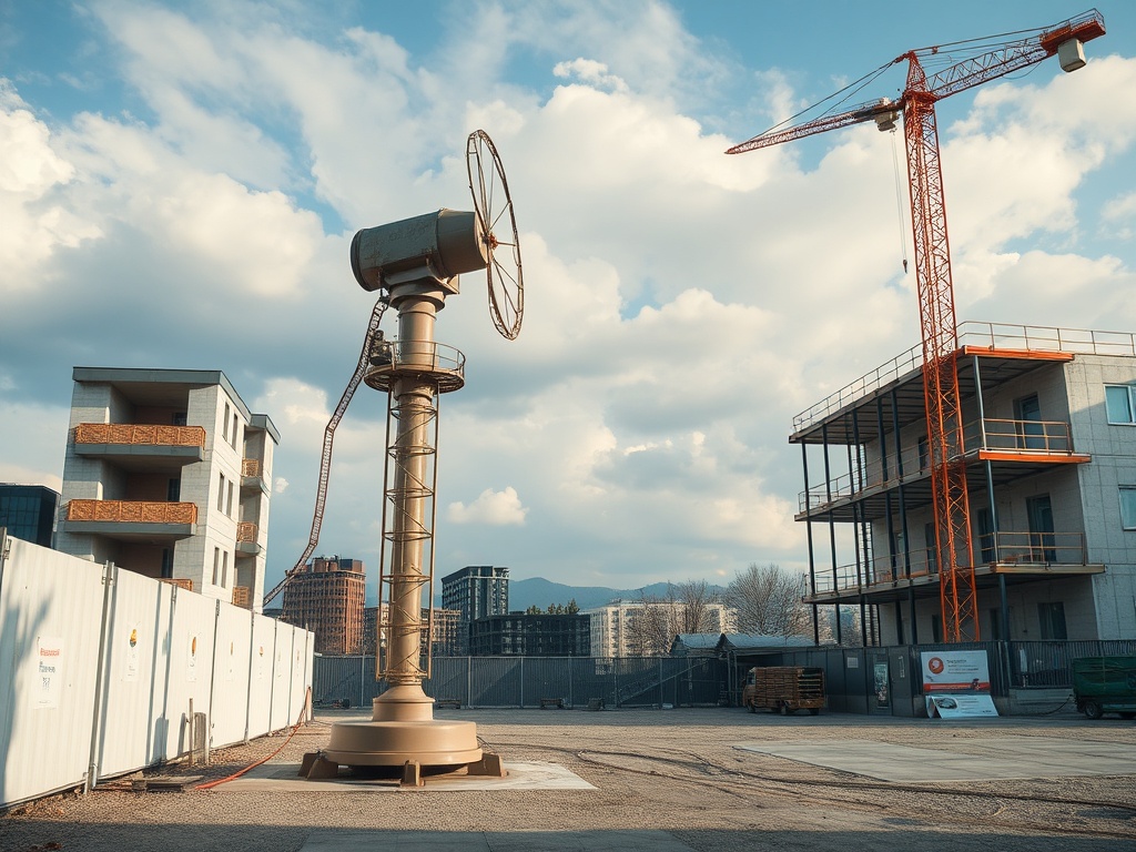 На строительной площадке стоит высокий строительный кран и необычное устройство в виде ротора.