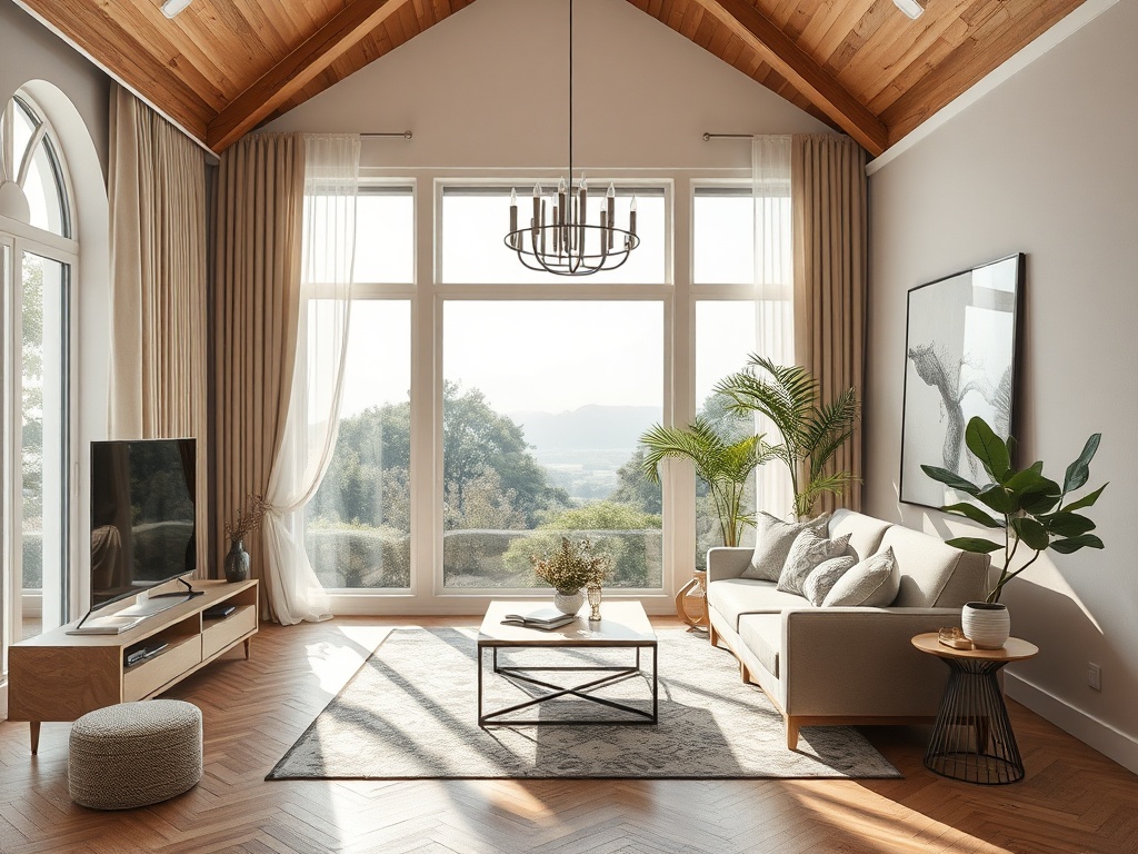 Светлая гостиная с высокими потолками, уютными диванами и большими окнами, открывающими красивый вид.