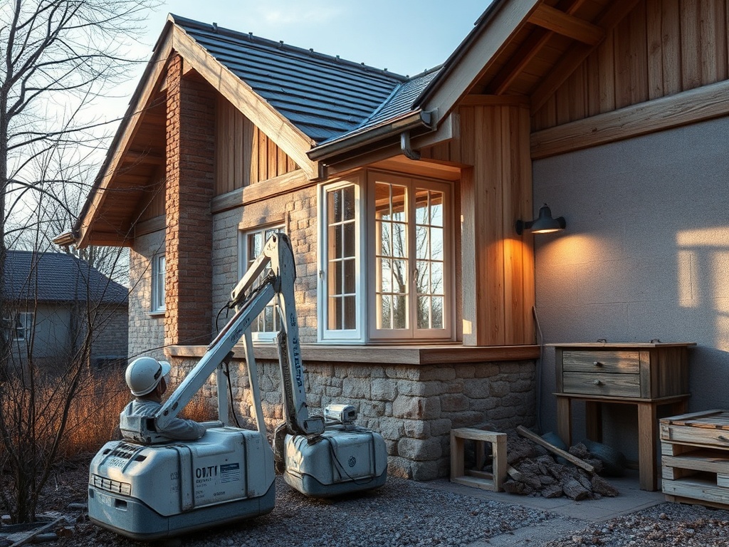 Строительная площадка с мини-гусеничным подъемником рядом с домом, выполненным в смешанном стиле.