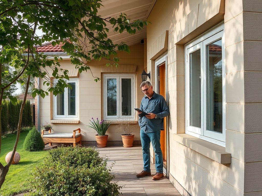 На веранде дома стоит мужчина с планшетом, рядом сидят растения и деревянная скамейка.