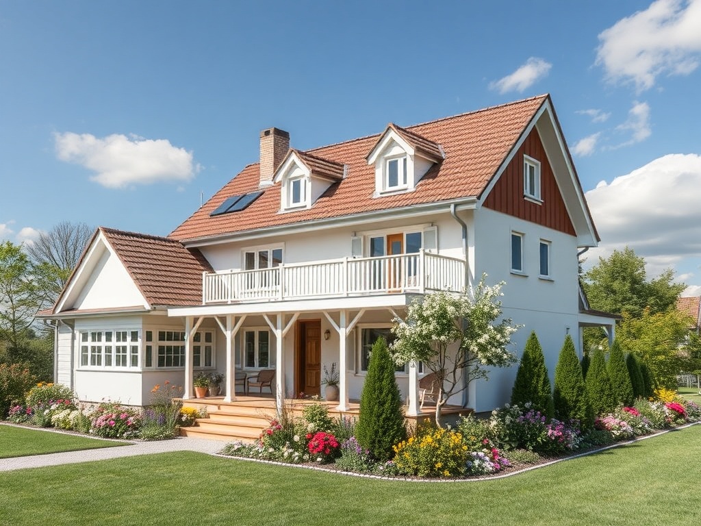 Современный дом с красной крышей, балконом и ухоженным садом, окруженный зелеными насаждениями и цветами.