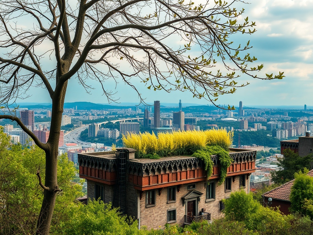 Дом с зелёной крышей на фоне городского пейзажа и гор, вид из дерева.