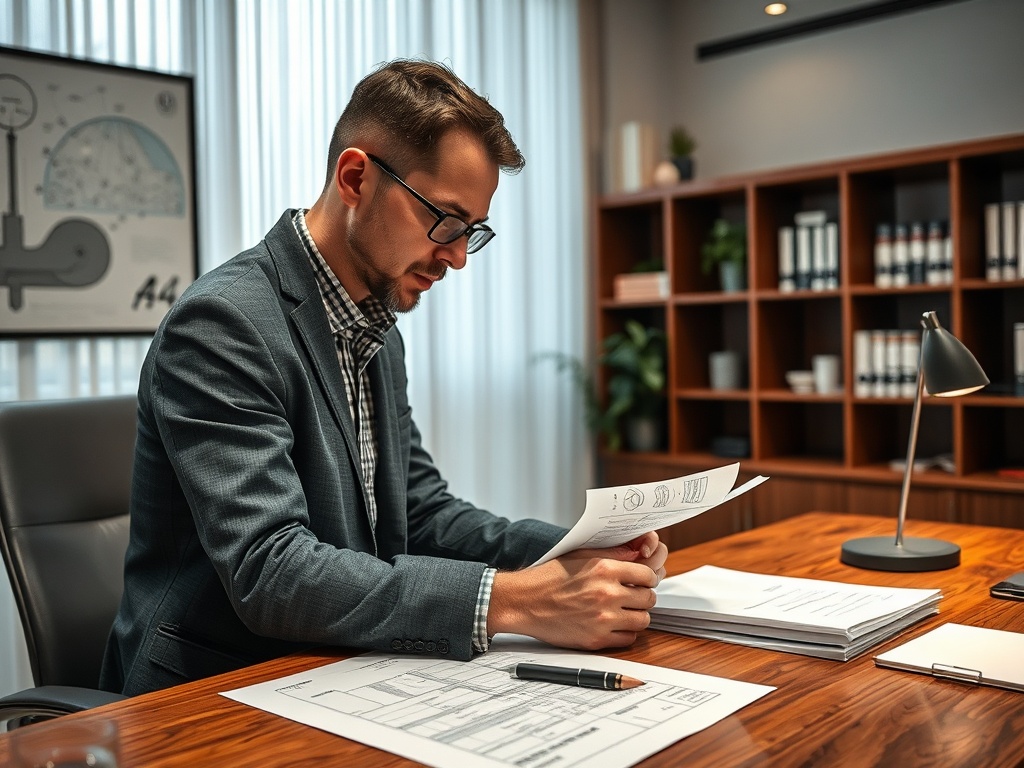 Мужчина в очках изучает документы в современном офисе с деревянным столом и полками. Светлый и уютный интерьер.