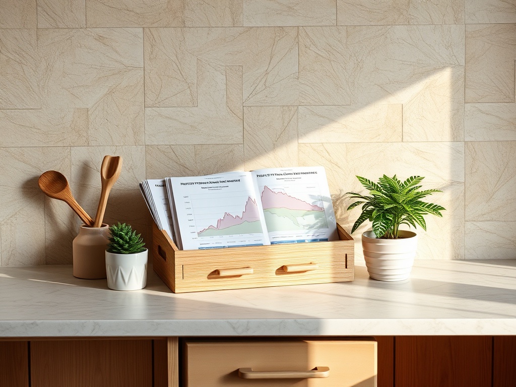 На столе стоят книги в деревянной коробке, горшочные растения и деревянные ложки на фоне светлых стен.