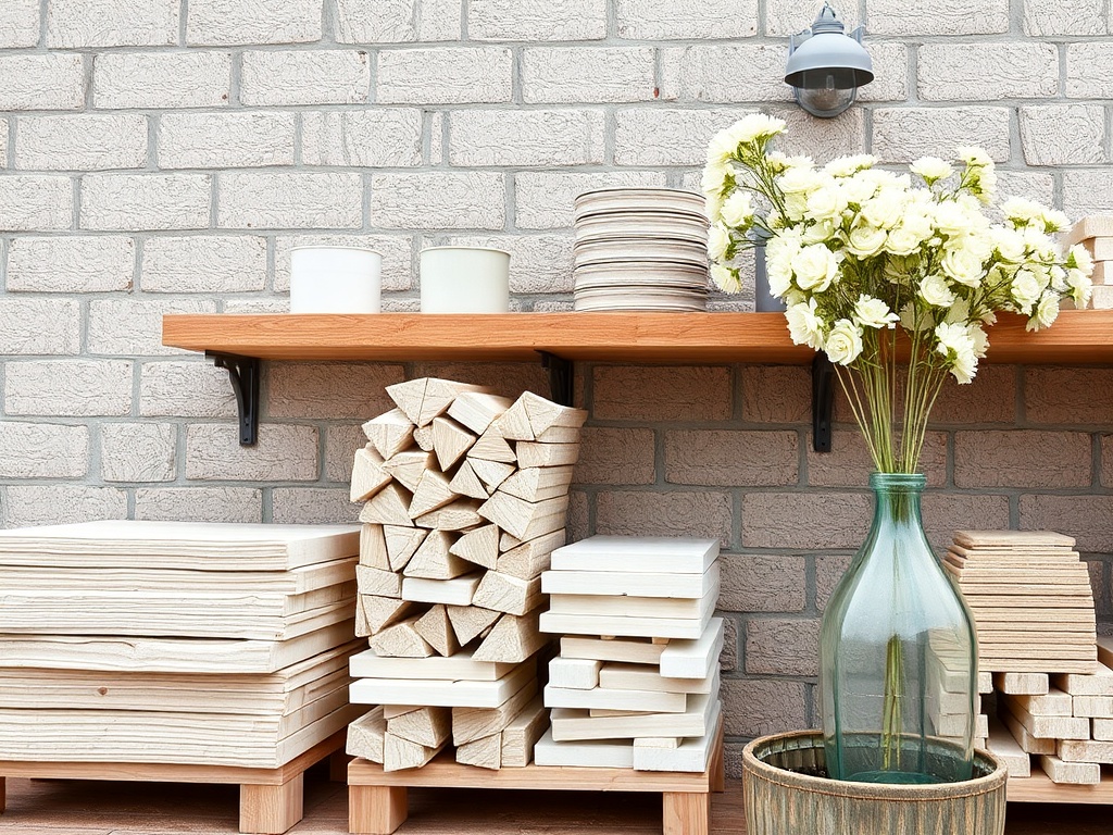 На полке находятся деревянные заготовки, свечи и ваза с белыми цветами на фоне кирпичной стены.