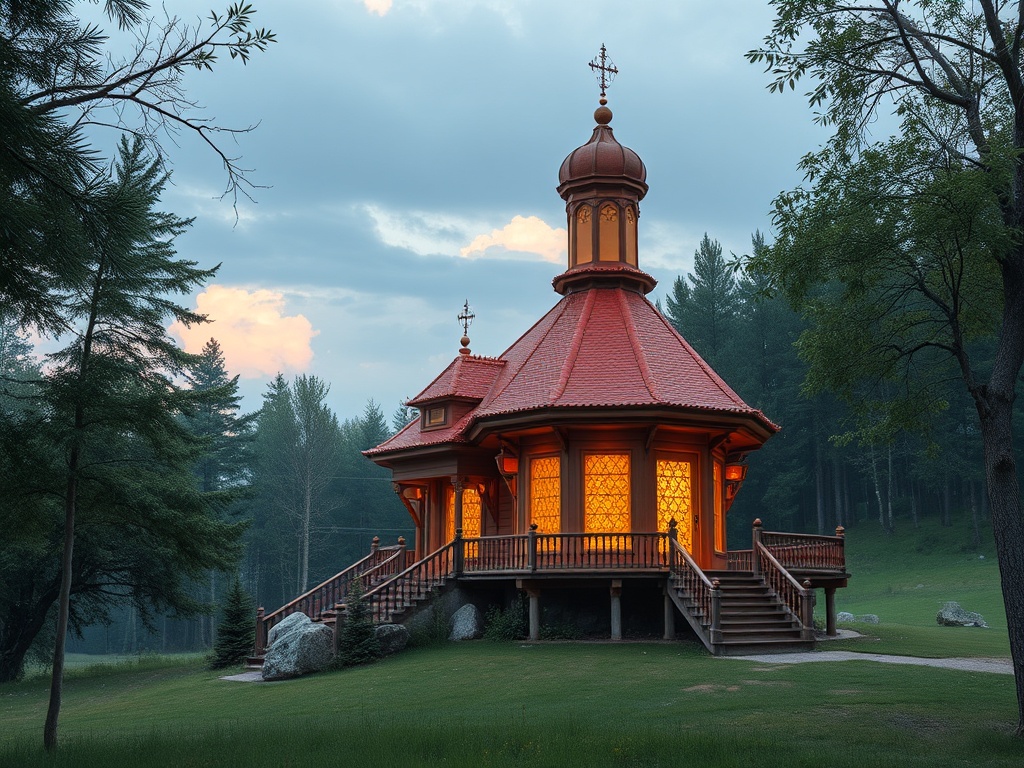 Красивая деревянная часовня с куполом на фоне леса и вечернего неба. Уютная обстановка, теплый свет.