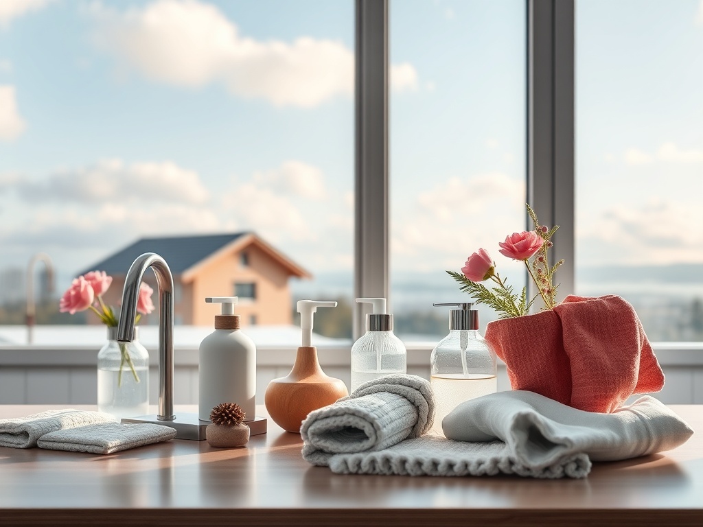 На столе расположены полотенца, кремы и цветы на фоне окна с видом на природу.