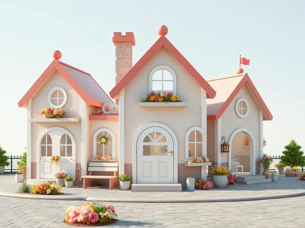 Розовый дом с цветами на окнах и пешеходной дорожкой, вокруг ухоженные кусты и цветочные горшки.