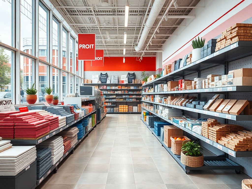 Внутренний вид магазина с полками, заполненными продукцией, и большими окнами. Яркие цвета и уютная атмосфера.