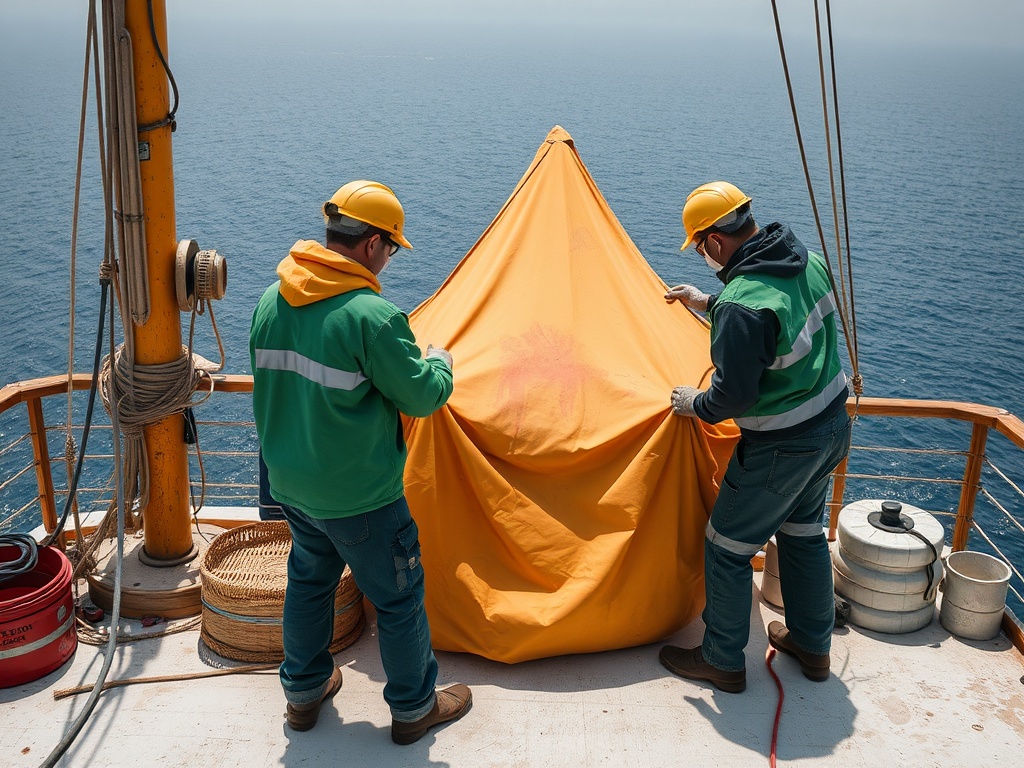 Два человека на палубе корабля снимают оранжевый чехол с оборудования. На горизонте виднеется море.