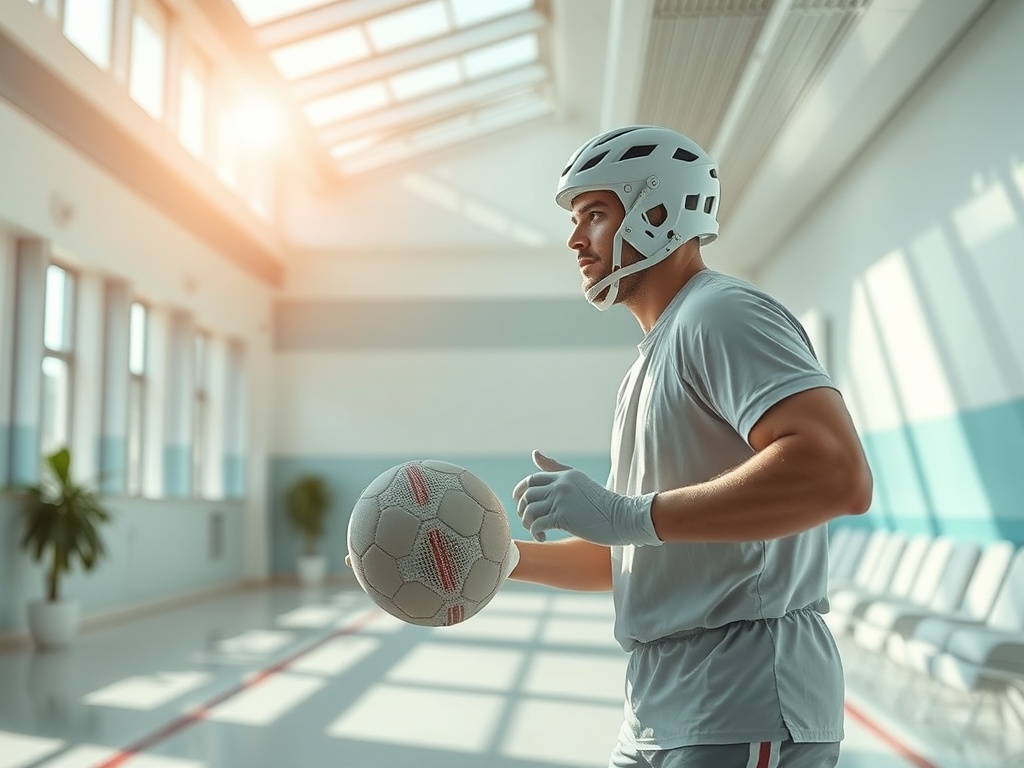 Игрок в футбол в защитном шлеме и перчатках, держит мяч и готовится к игре в спортивном зале.