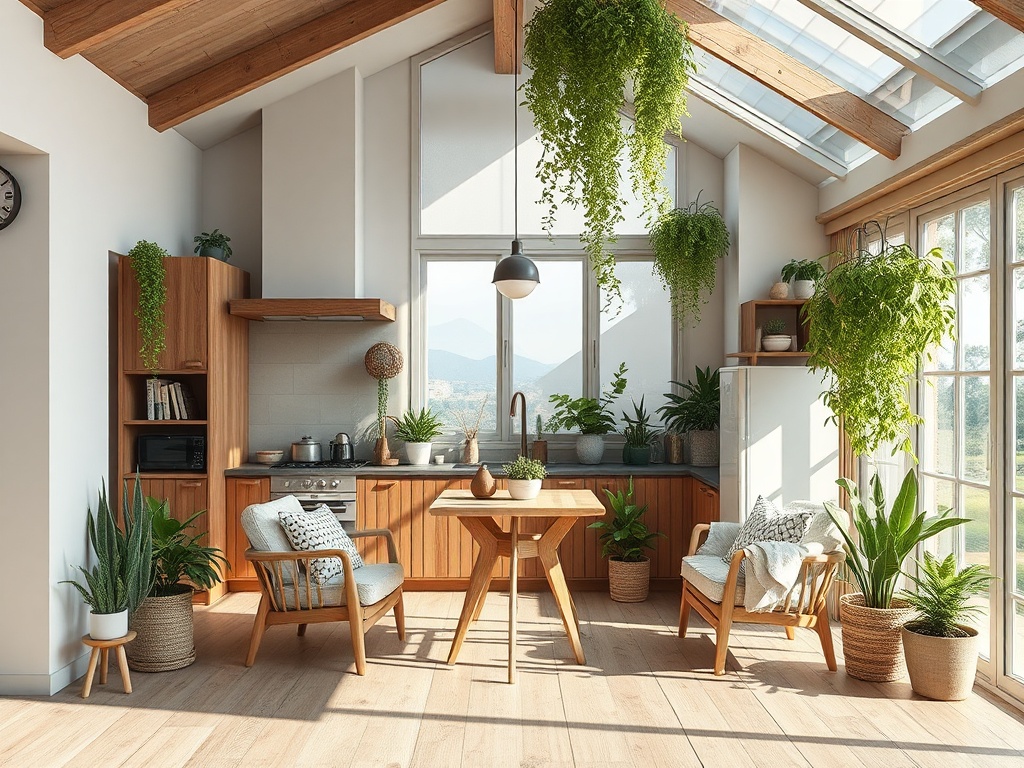 Светлая кухня с деревянными мебелью и зелеными растениями, создающая уютную атмосферу.