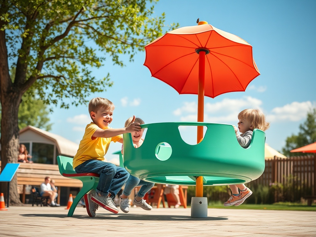 Дети радостно играют на площадке, крутясь на зеленом аттракционе под ярким оранжевым зонтом.