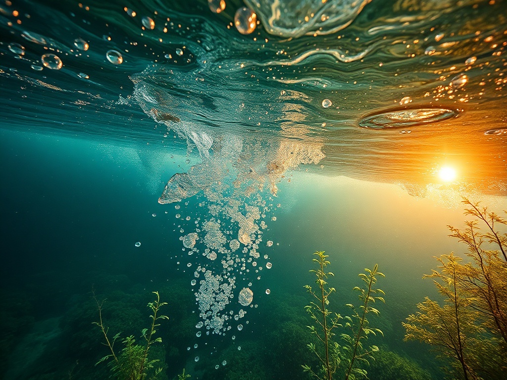 Подводная сцена с пузырьками и вечерним солнцем, освещающим воду и подводные растения.