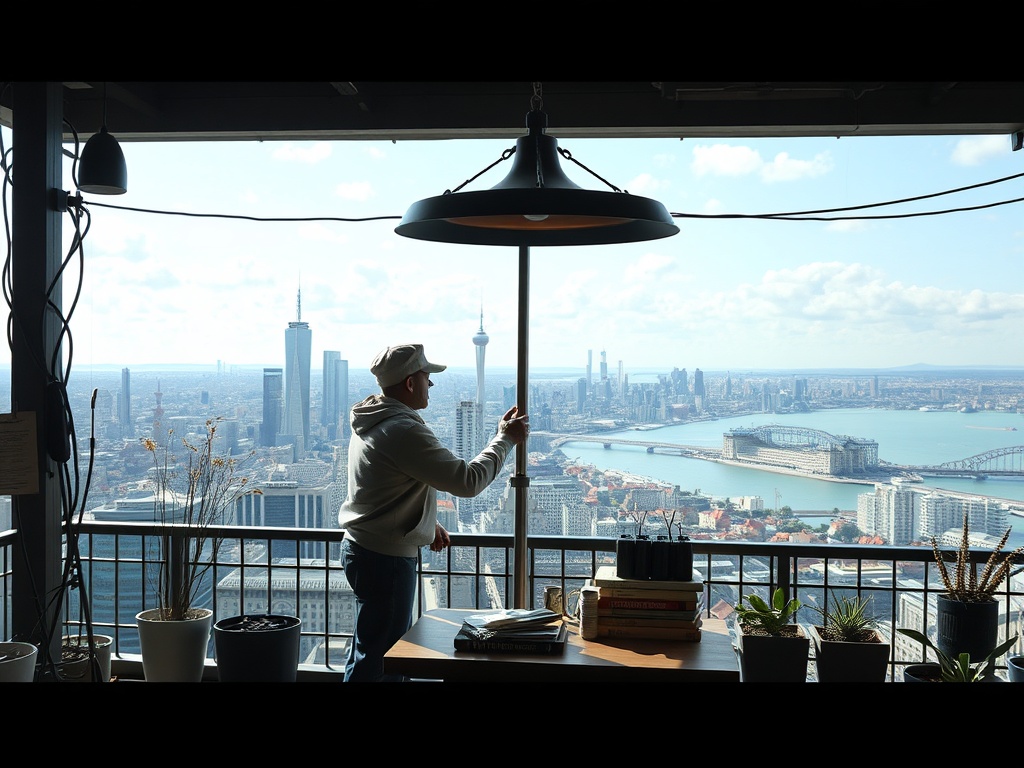 Человек стоит у окна с видом на город, на столе книги и растения, светит лампа.