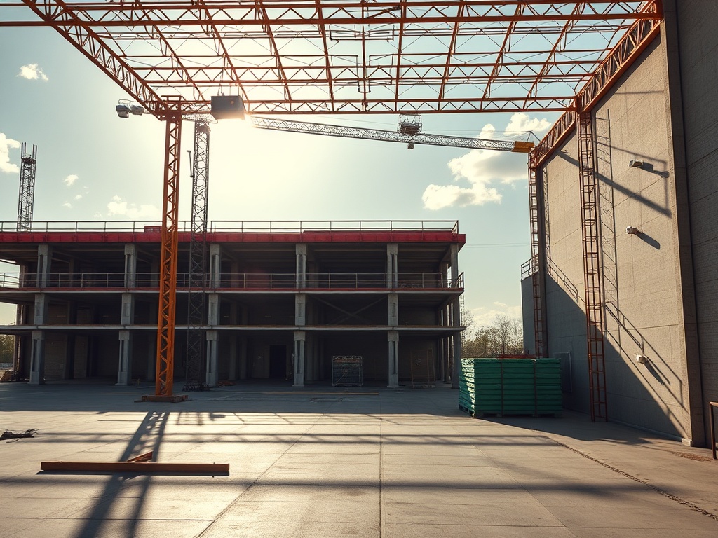 Строительная площадка с подъемным краном, незавершенное здание и солнечное освещение.