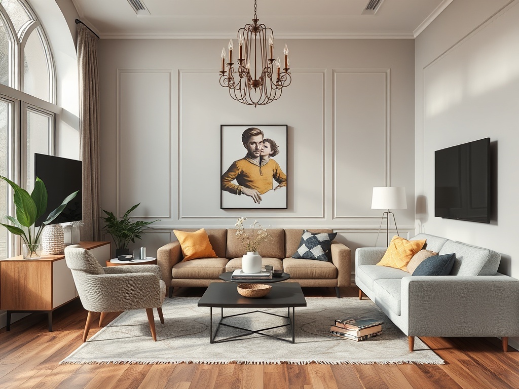 Современная гостиная с мягкой мебелью, картинами на стене и уютной атмосферой. Светлый и стильный интерьер.