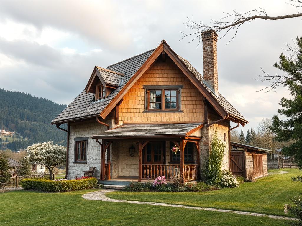 Уютный дом с черепичной крышей и красивым ландшафтным дизайном на фоне горного пейзажа.