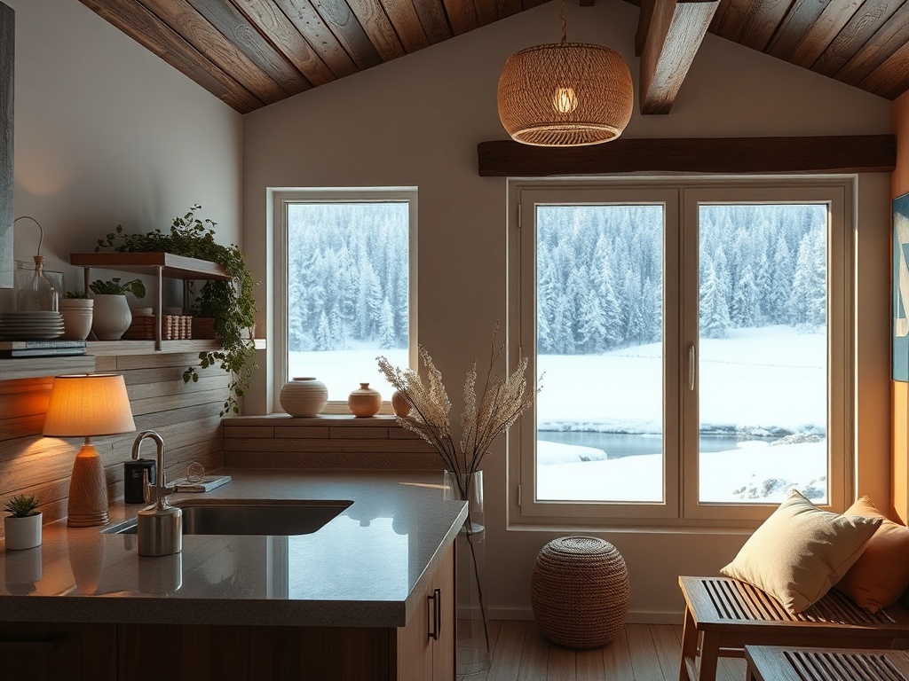 Уютная кухня с окном, за которым видно зимний пейзаж с покрытыми снегом деревьями.