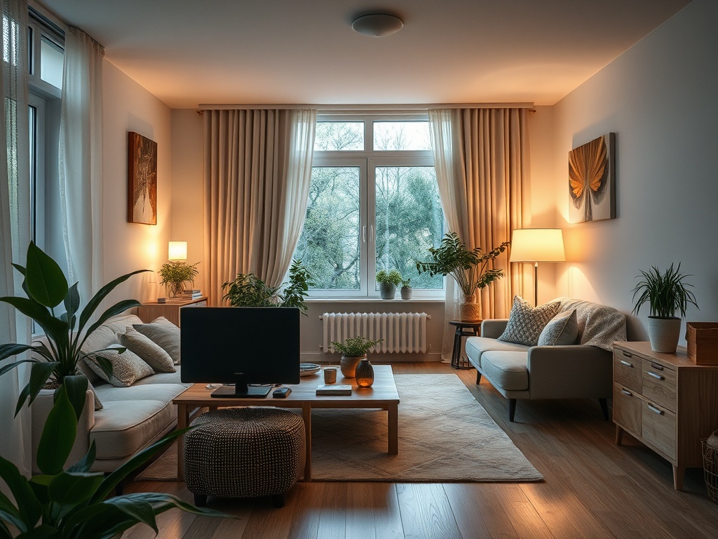 Современная гостиная с мягким освещением, уютной мебелью и зелеными растениями у окон.