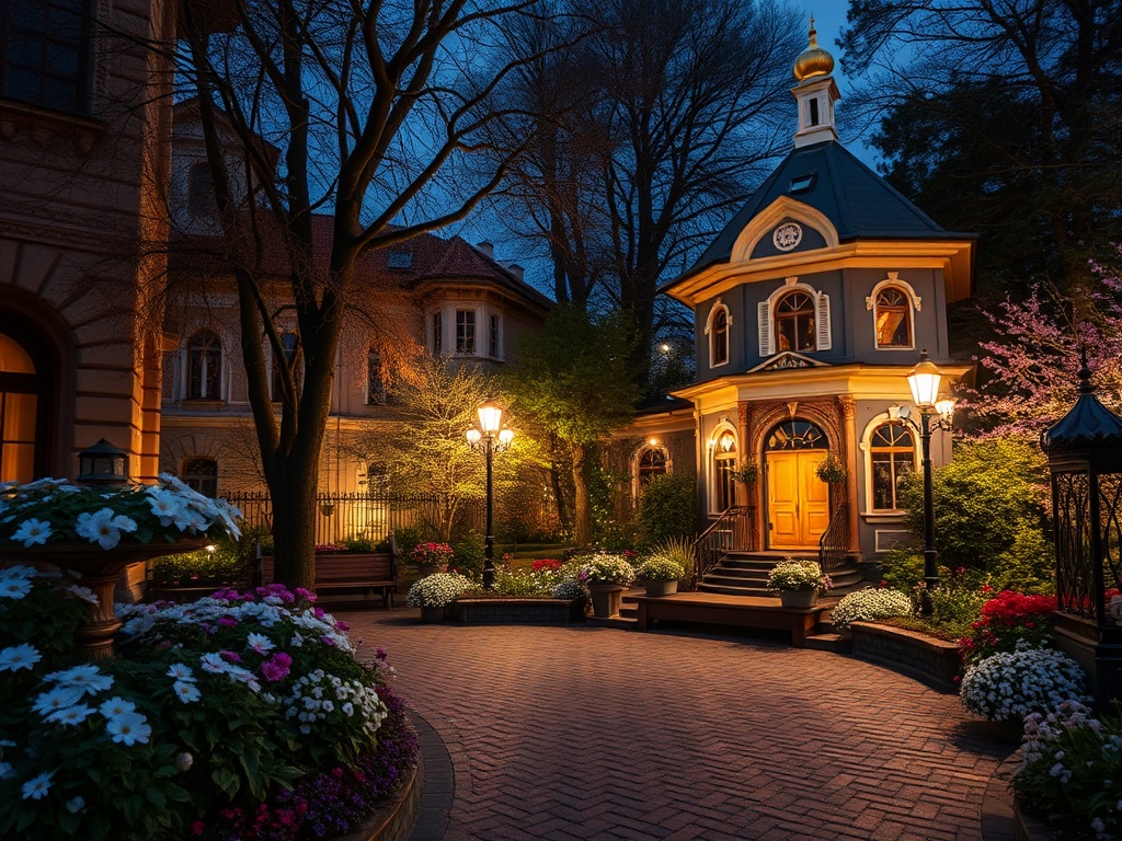 Уютный дом с золотым куполом, окруженный цветами и освещенной дорожкой в вечернее время.