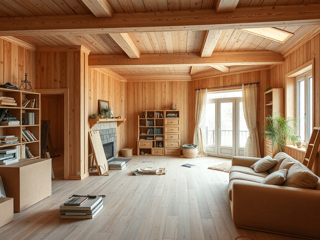 Современная комната с деревянными стенами, мебелью, книжными полками и уютным диваном. Светлое помещение с окнами.