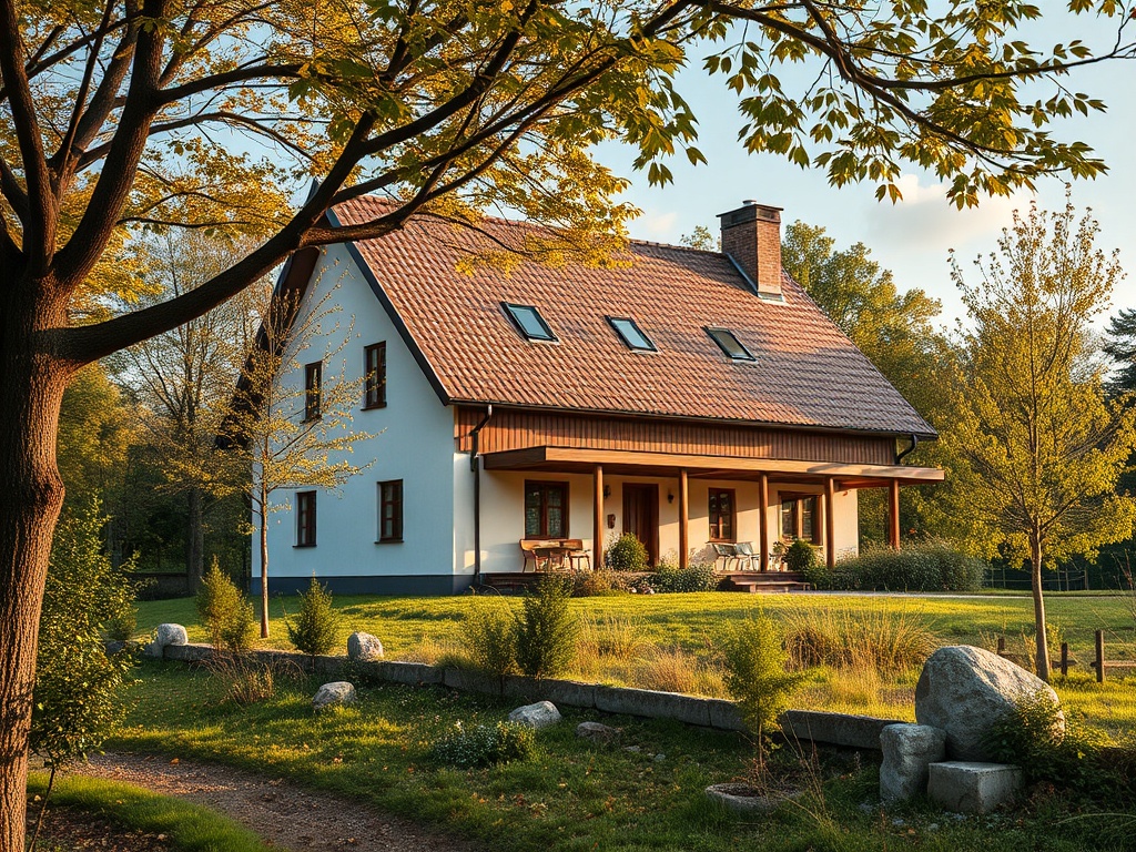 Уютный дом с красной крышей на фоне природы, окруженный зелеными деревьями и кустами.