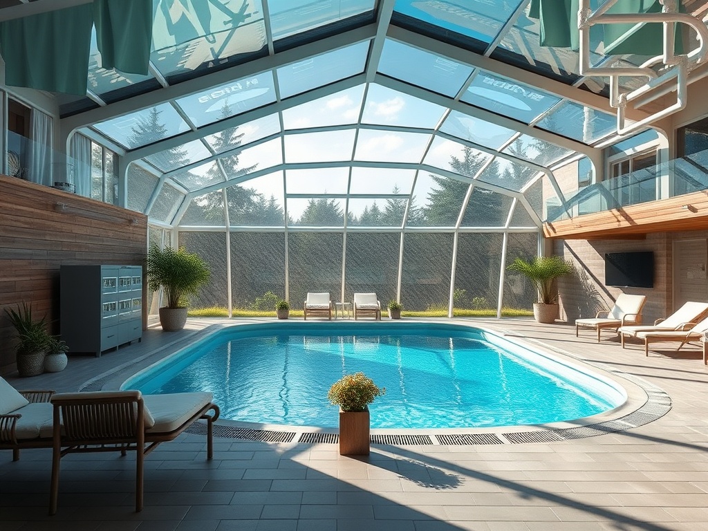 Внутренний бассейн с прозрачной крышей, окружённый зелеными растениями и шезлонгами. Яркое солнечное освещение.