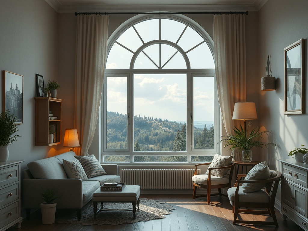 Уютная гостиная с большим окном, открывающим вид на лесистые холмы и облачное небо. Мягкая мебель и светильники.