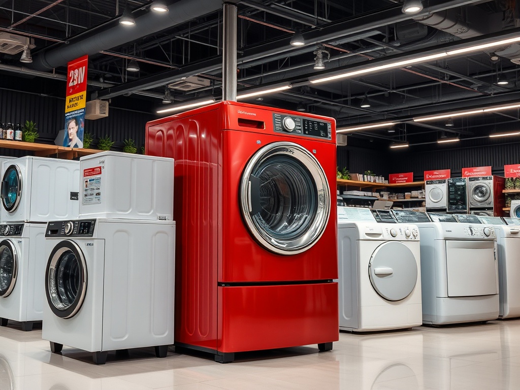 Магазин бытовой техники: стиральные машины разных моделей, включая ярко-красную.