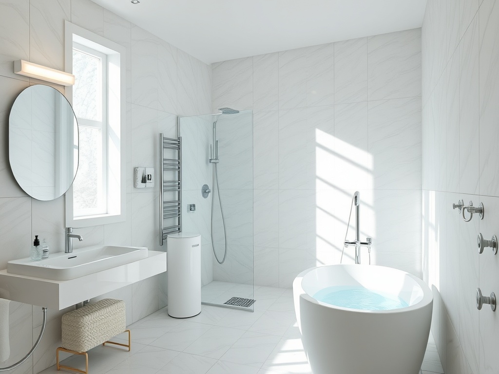 Современная ванная комната с ванной, душем, раковиной и большими окнами, залитыми светом.