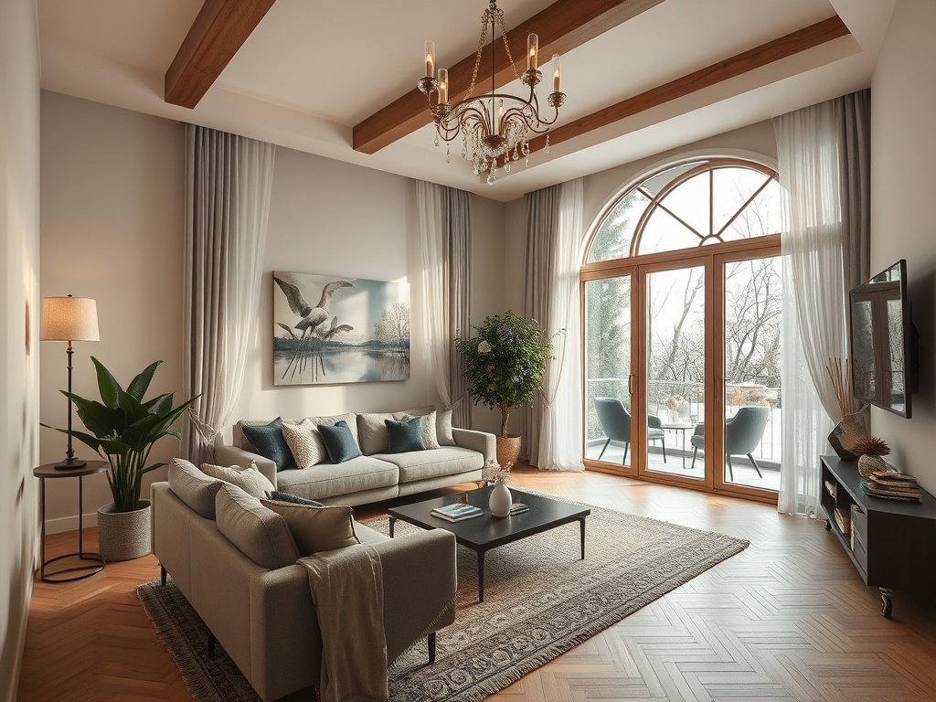 Современная гостиная с двумя окнами, уютной мебелью и яркими акцентами. Пространство наполнено светом.