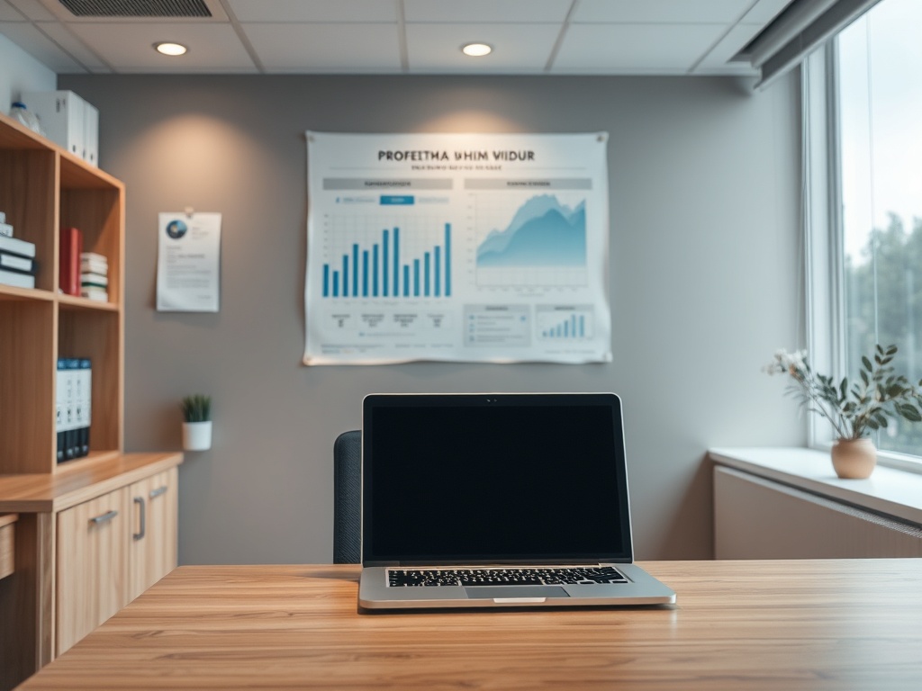 На столе стоит выключенный ноутбук, сзади графики и диаграммы на стене в современном офисе.