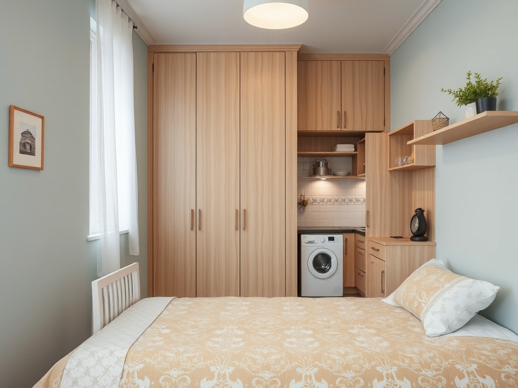 Комната с однопоспальной кроватью, шкафом и небольшой кухонной зоной, украшенная светлыми тонами.